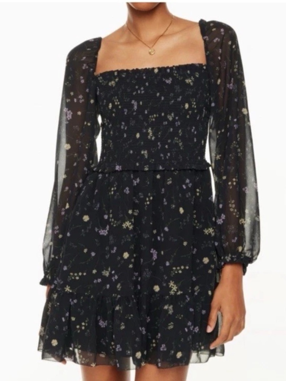 NWT Wilfred Tempest mini dress black smocked sheer balloon sleeves Size M